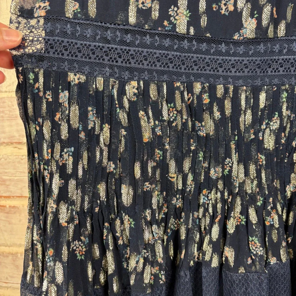 Maeve Anthropologie V-Neck Lurex Oversized Tiered Mini Dress Metallic Lace XXS - Picture 13 of 13